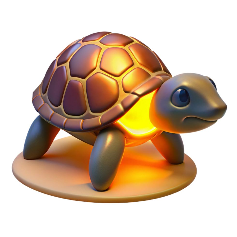 Glowing 3D Turtle Illustration, Cute Cartoon Tortoise Shell Design, Illuminated Reptile Model, Digital Art, Warm Light Effect, Adorable Creature, Shell Texture, Fantasy Animal Render png