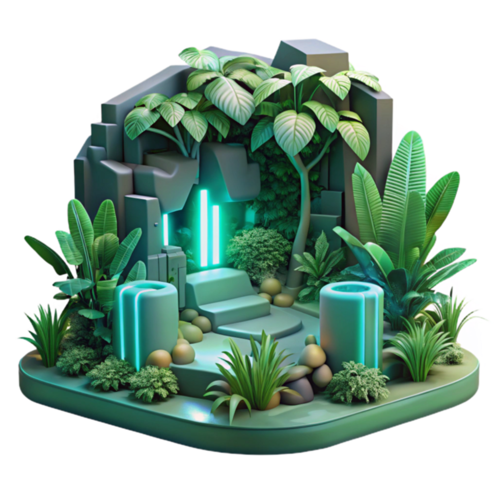 Neon Jungle Oasis 3D Render of Lush Greenery and Futuristic Architecture png
