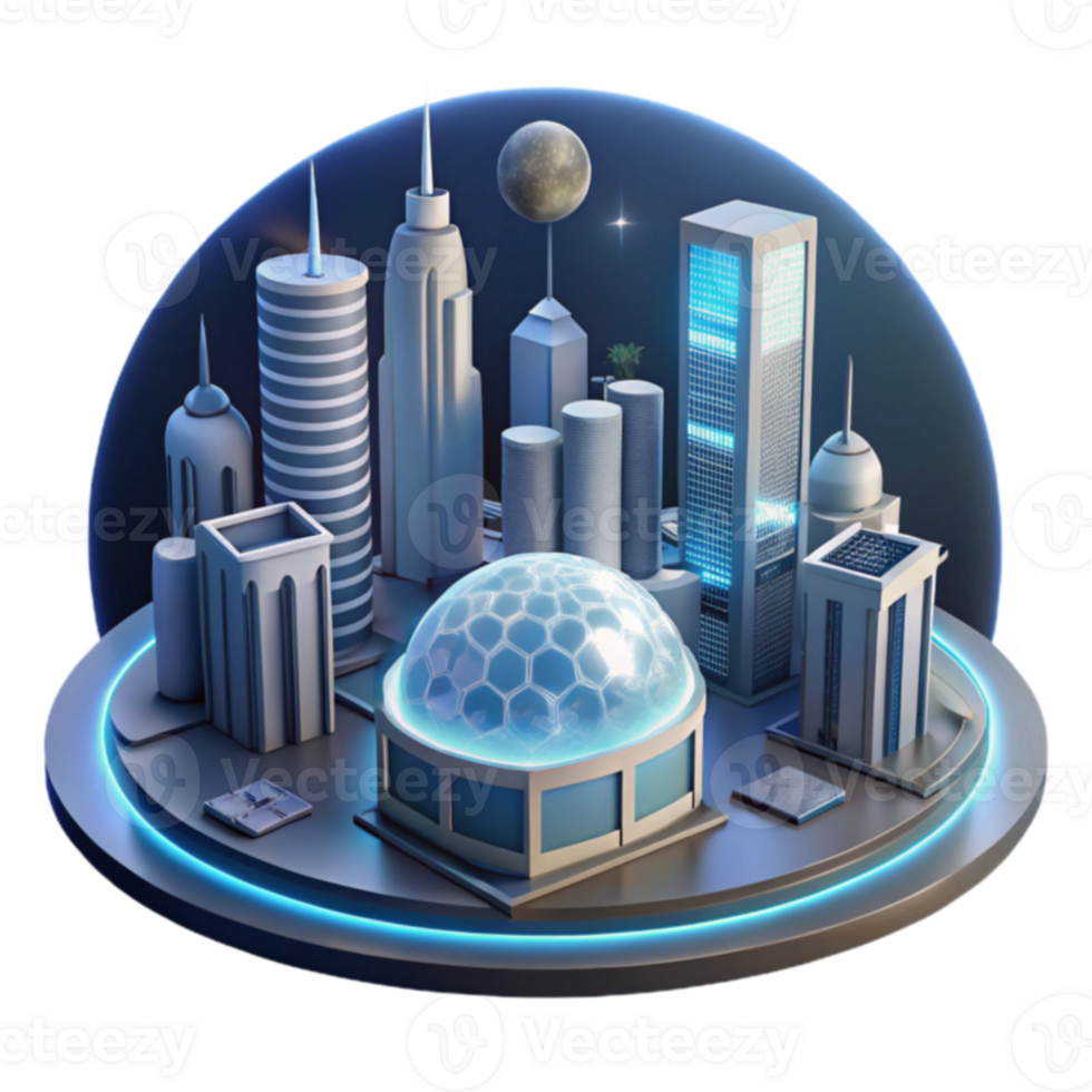 Futuristic Cityscape Smart Buildings, Dome Structures, and Advanced Urban Design png