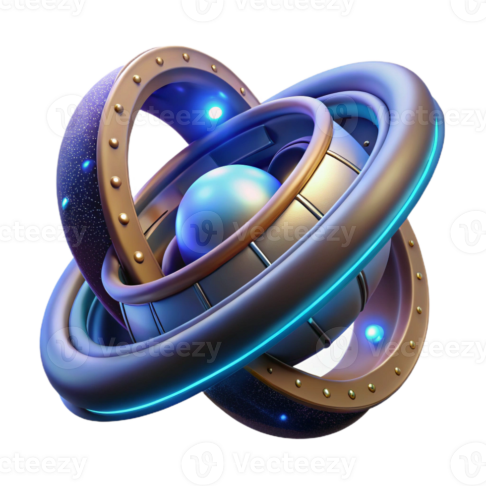 Abstract 3D Metallic Orb Rotating Rings and Glowing Lights png