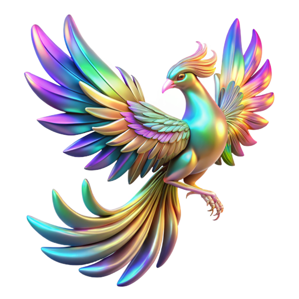 impressive classic Vibrant Rainbow Phoenix 3D Illustration A Majestic Digital Art of a Mythical Bird with Iridescent Feathers high resolution png
