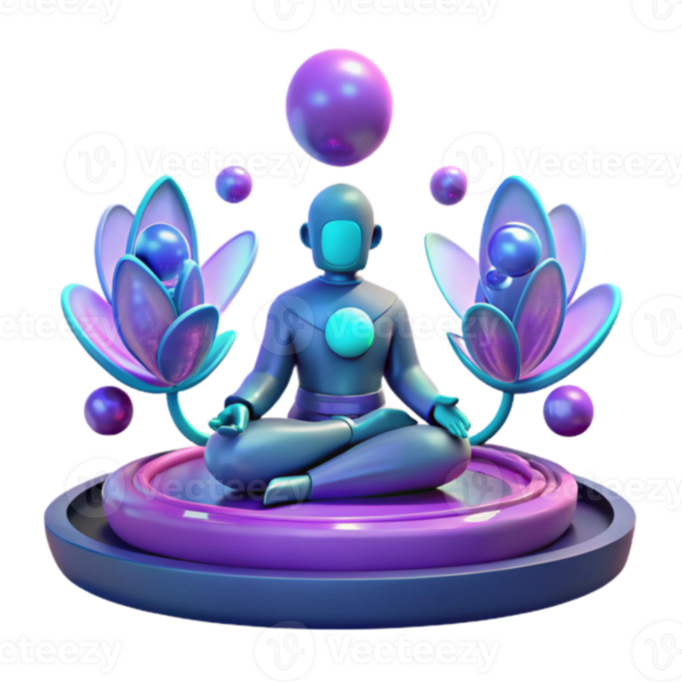 Robot Meditating Serenity, 3D Render, Neon, Lotus, Spiritual, Digital Art, Peace, Tranquility, Mindfulness, Abstract png