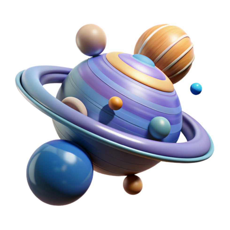 Abstract Planetary System Colorful 3D Render of Orbits and Moons png