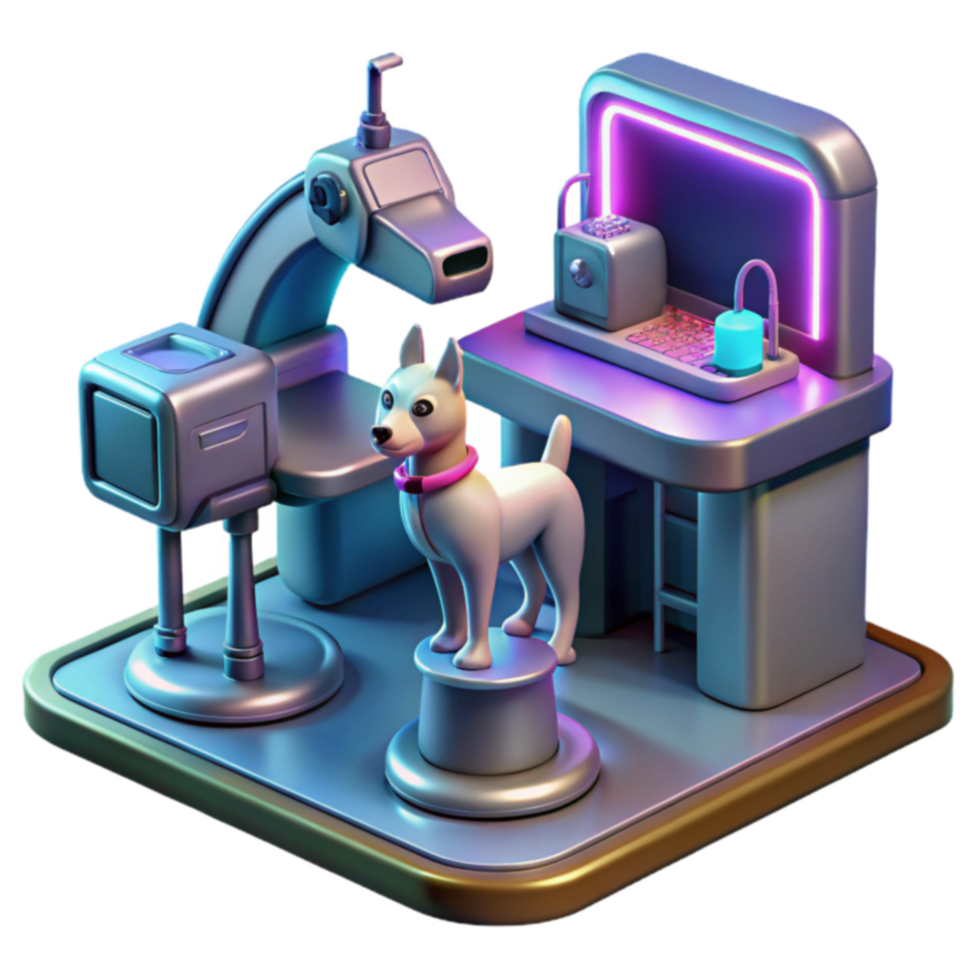 Futuristic Pet Clinic 3D Render of Dog and High-Tech Equipment png