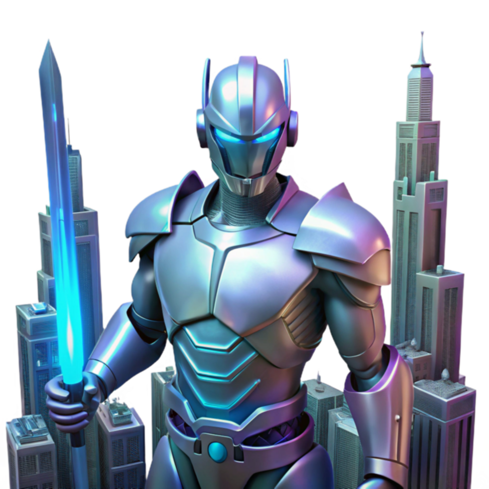 Cyberpunk City Guardian Armored Robot with Sword png