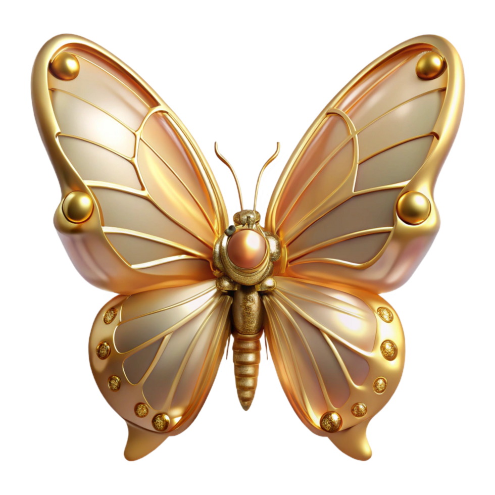 Golden Butterfly 3D Render Elegant Wings Metallic Texture Jewel Accents Luxury Design Ornate Insect Abstract Art Decorative Butterfly Three Dimensional Butterfly Gold and Beige Color Palette png