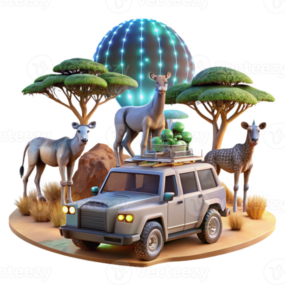 Safari Adventure Wildlife, Vehicle, and Lush Landscape png