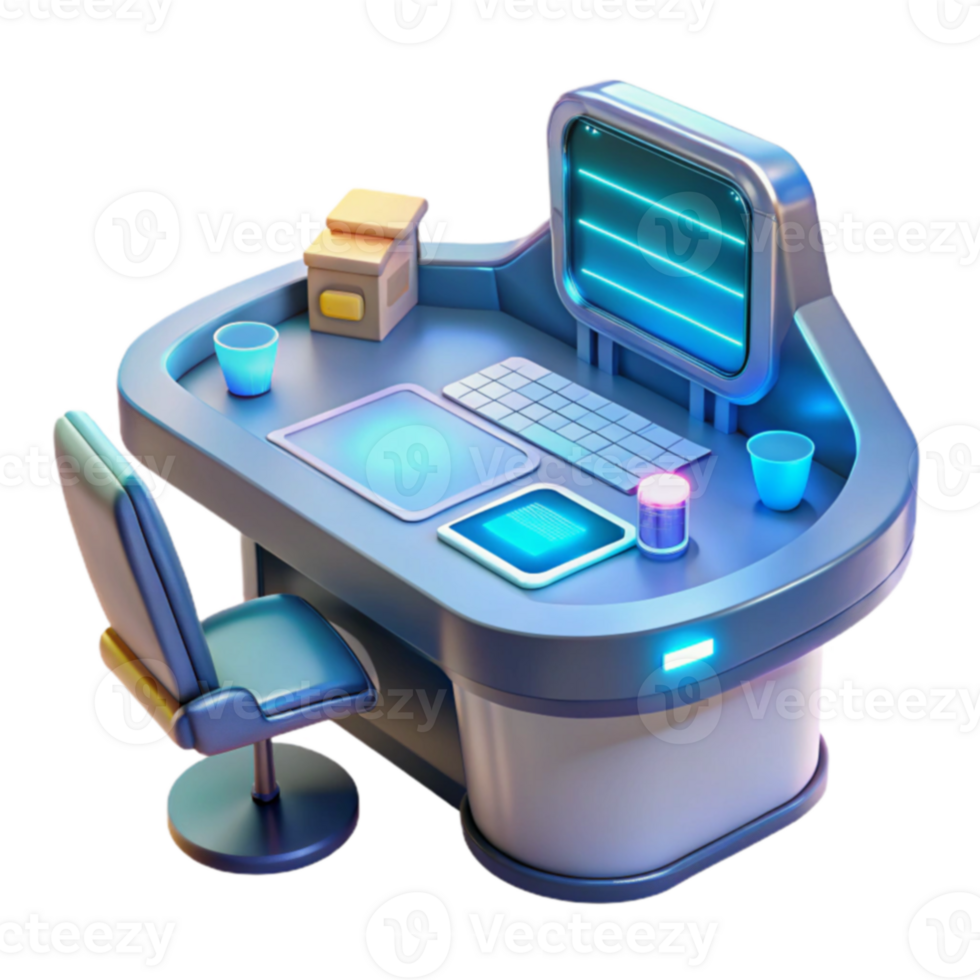 Futuristic Workstation Modern Desk Setup with Computer and Chair png