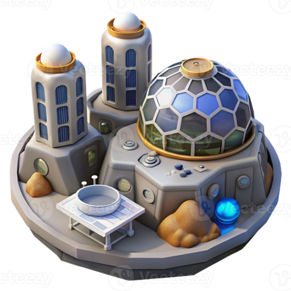 Futuristic Lunar Habitat Dome, Towers, and Solar Panels png