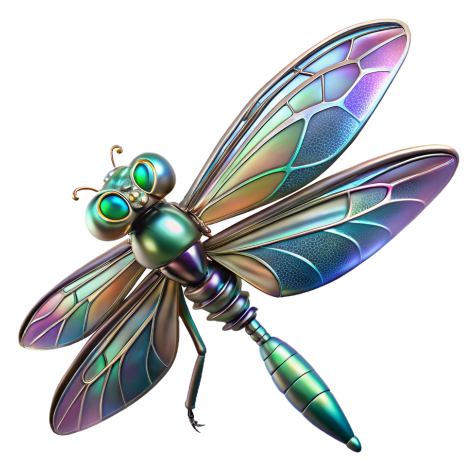 iridescent dragonfly, robotic insect, metallic wings, 3D rendering, digital art, fantasy creature, steampunk design, intricate details, jewel toned colors, cyberpunk aesthetics png