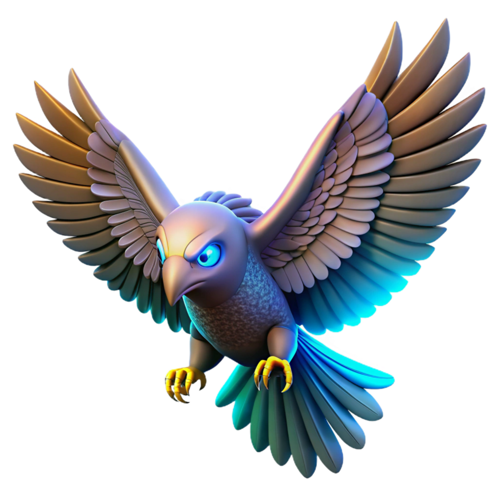 3D Illustration of a Majestic Bird in Flight, Powerful Wings, Fierce Gaze, Glowing Feathers, Digital Art, Fantasy Creature, Cartoon Bird, Stylized Avian, Dynamic Pose, Intricate Details png