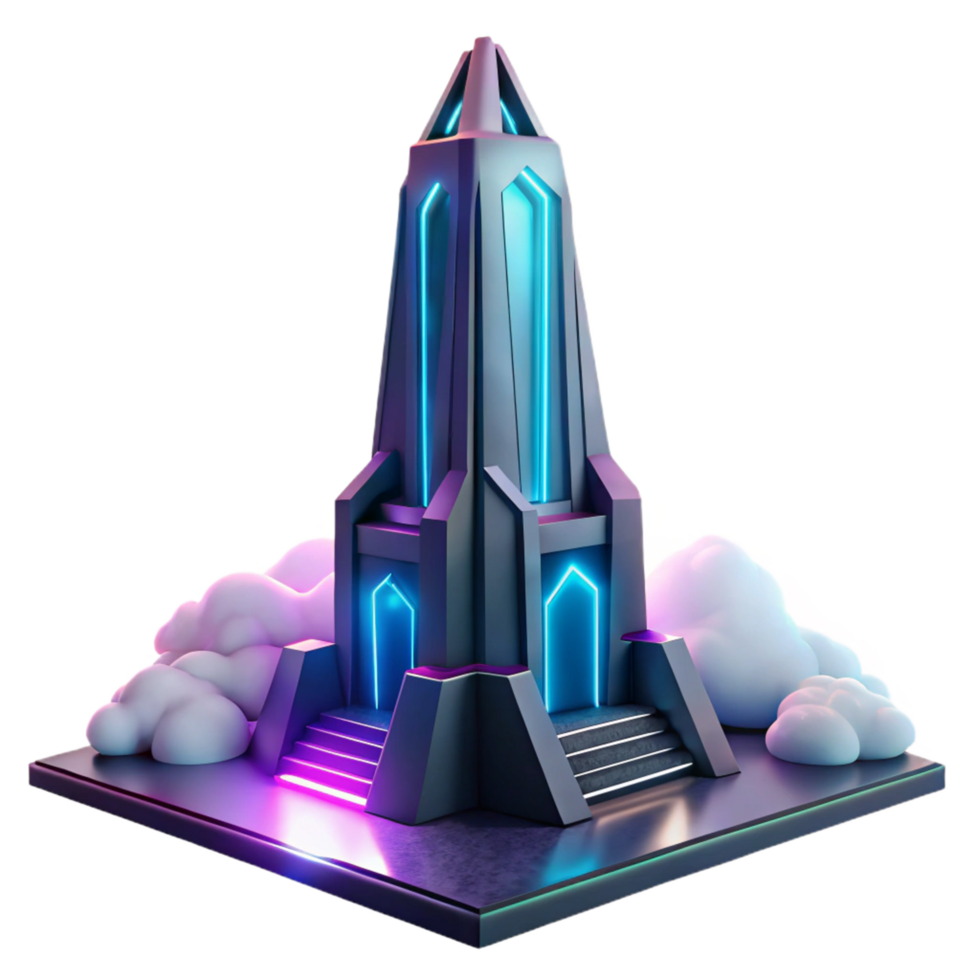 Ethereal 3D Render of a Futuristic Tower in Clouds Neon Lights, Geometric Architecture, Fantasy Setting, Digital Art, Sci Fi Structure, Abstract Background, Cloud Base, Steps, Tower, Modern Design png