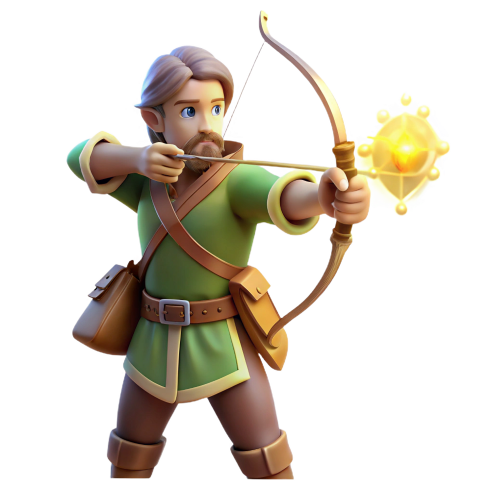 3D Illustration of a Fairytale Archer Character, Fantasy Bow and Arrow, Magical Energy, Cartoon Style, Game Asset, Digital Art, Stylized Archer, Green Clothing, Brown Boots, Fantasy Setting png
