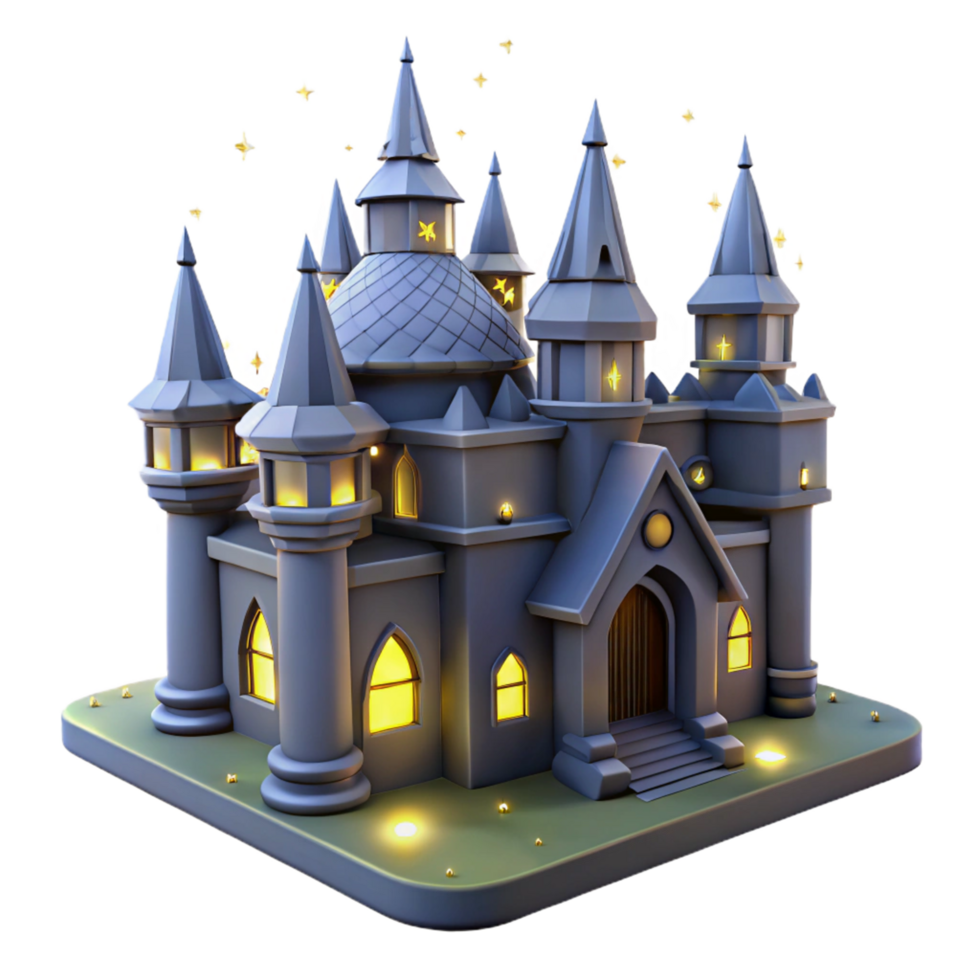 Enchanted Castle 3D Render Fantasy Architecture Illuminated Towers Magical Night Scene Stylized Castle Illustration Fairytale Kingdom Digital Art Game Asset 3D Model Cartoon Castle Nighttime Castle png