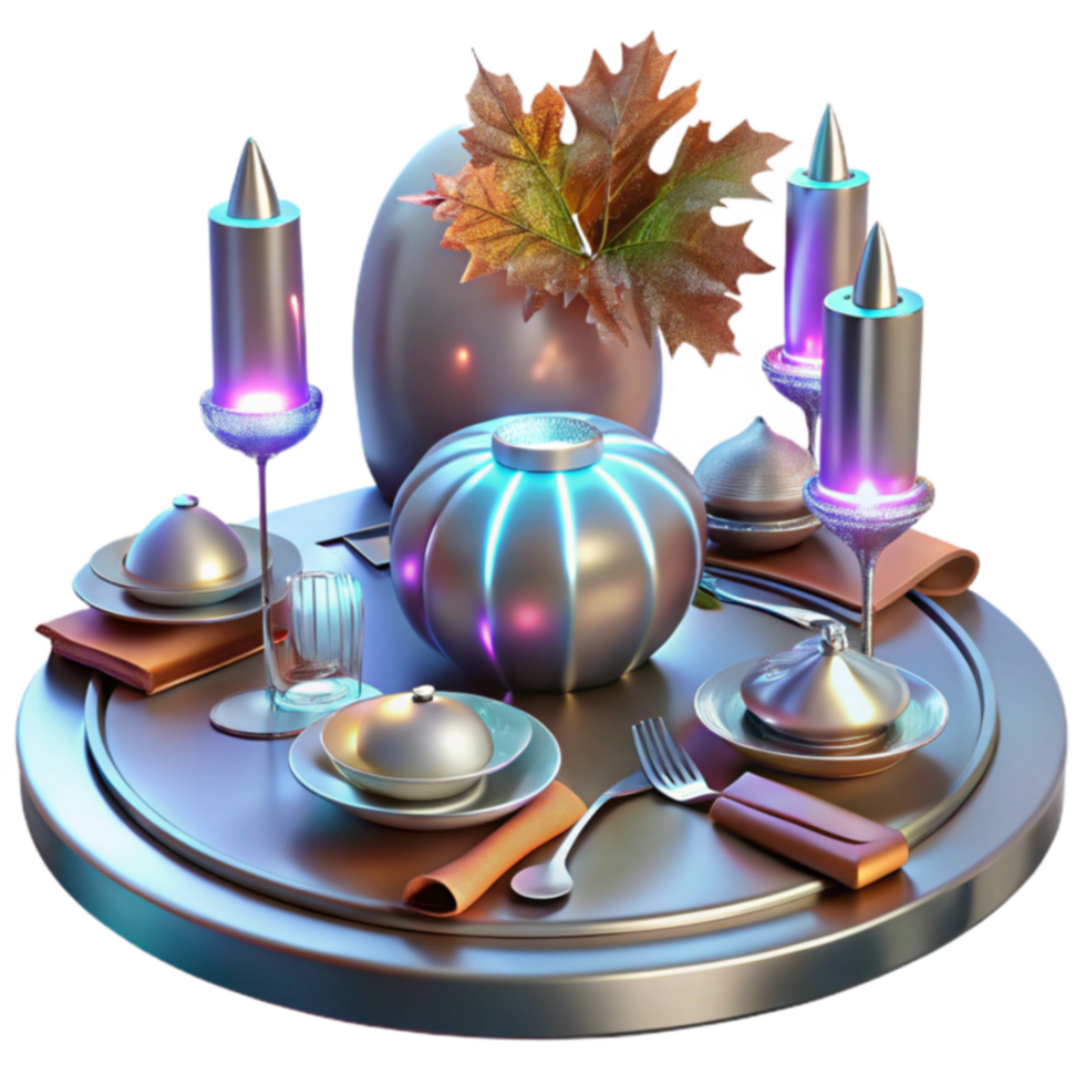Glowing Autumn Table Setting Elegant Dinnerware, Candles, and Fall Decor png