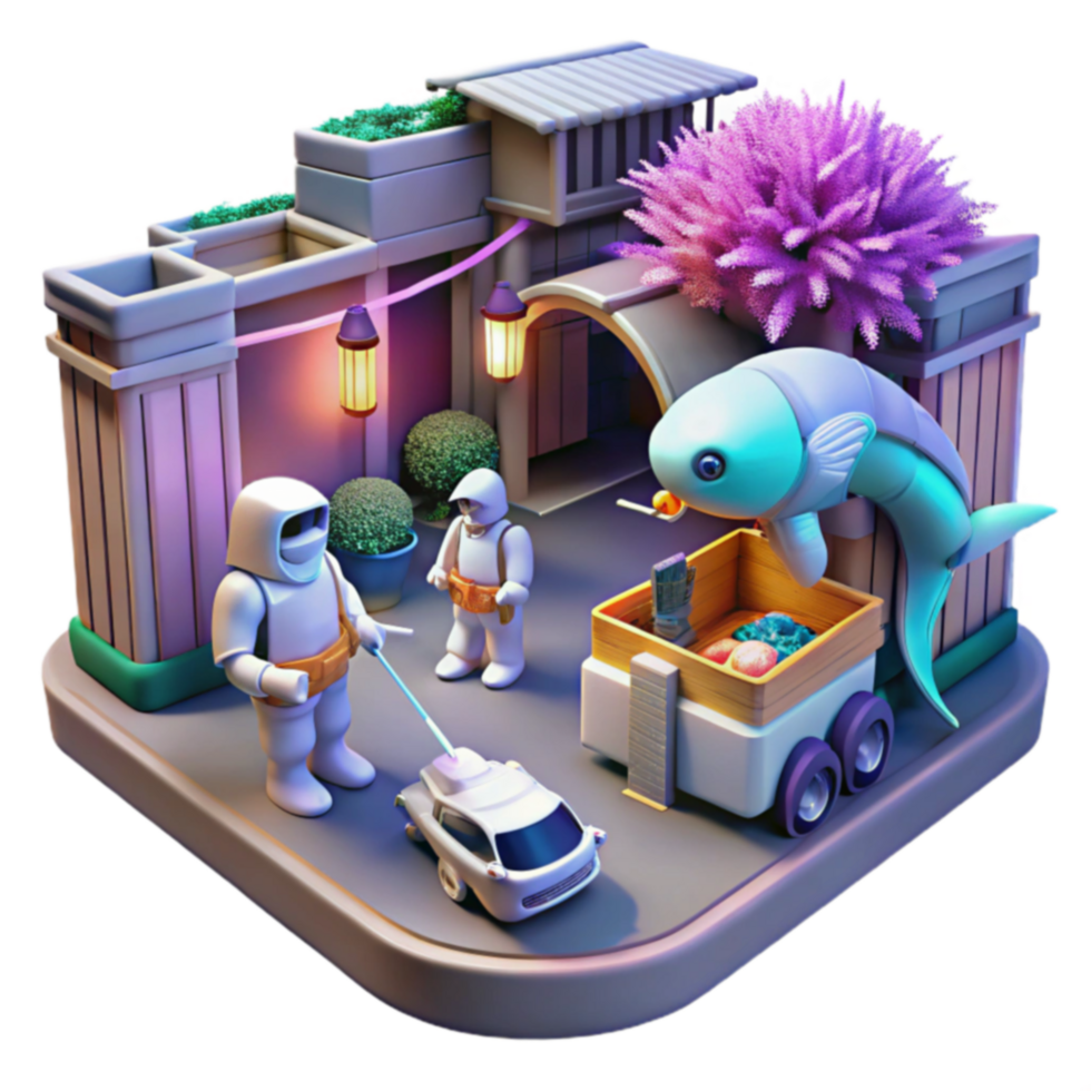 3D Render of Futuristic Cityscape with Robots and Flying Fish png