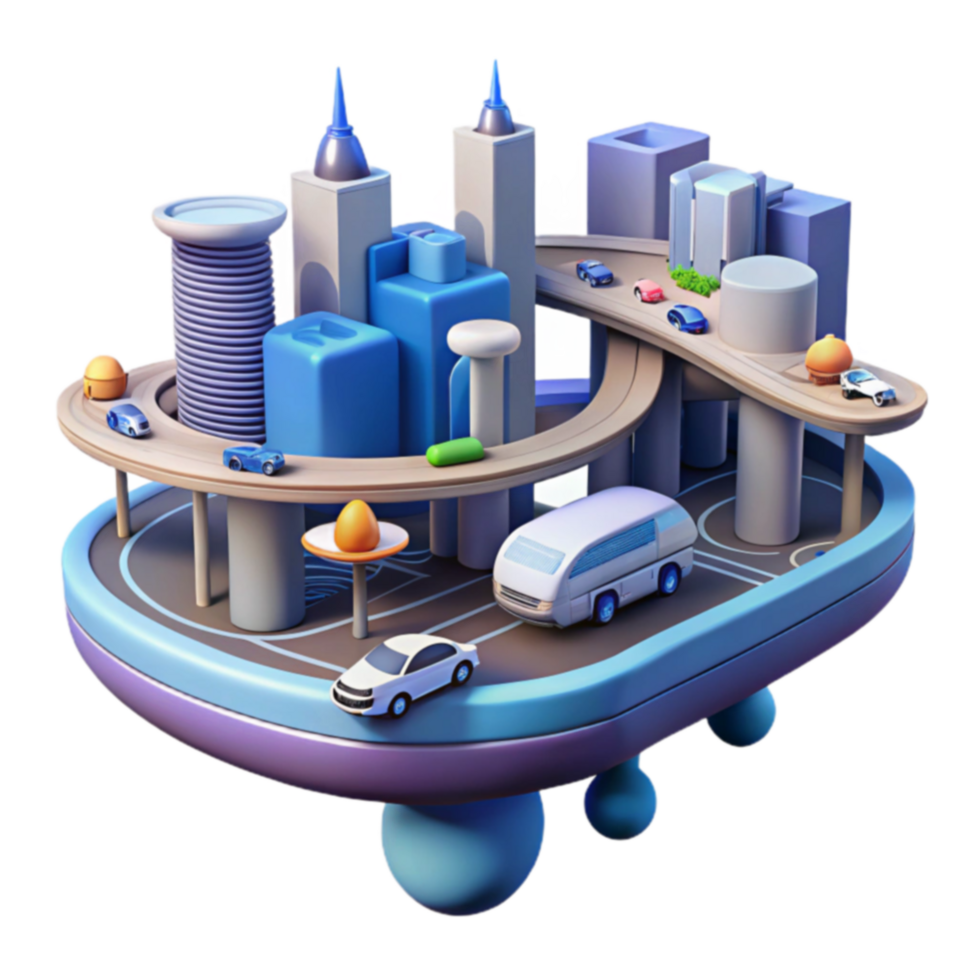 Futuristic Cityscape Elevated Roads, Vehicles, and Modern Architecture png