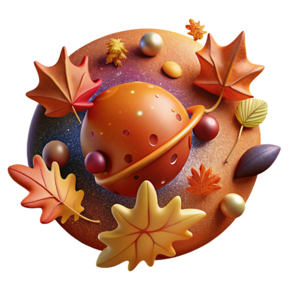 Autumnal Planet 3D Render of Fall Leaves and Celestial Sphere png