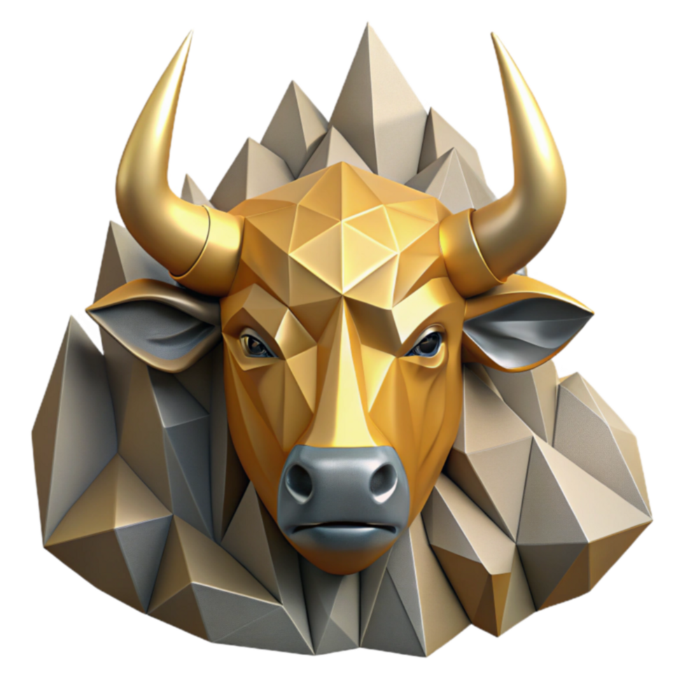 Geometric Bull Head Sculpture Gold, Polygonal, Wall Art png