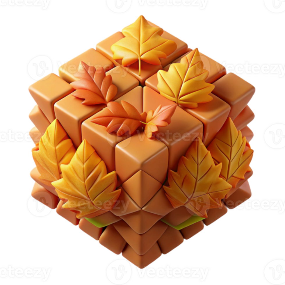 Autumn Leaves Cube 3D Render of Fall Foliage png