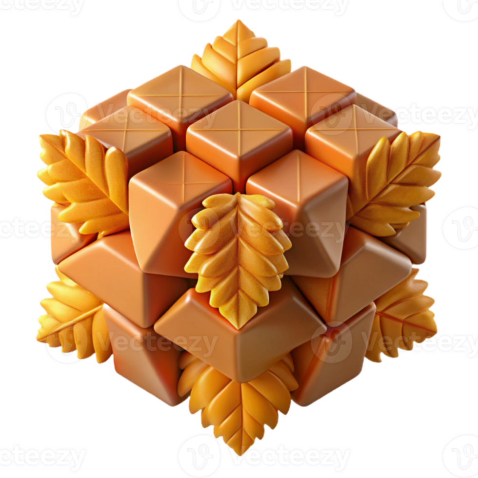 Autumnal Geometric Cube 3D Render of Fall Leaves and Abstract Shapes png
