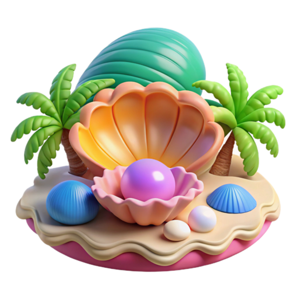 Tropical Island Pearl Seashells, Palm Trees, and Ocean Gems png