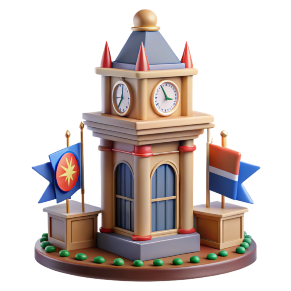 Cartoon Clock Tower with Flags 3D Model png