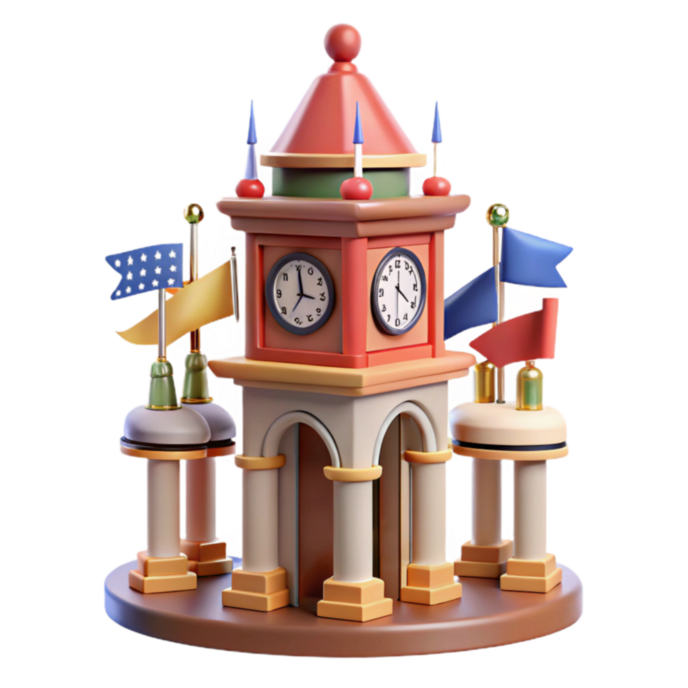 Whimsical Clock Tower 3D Render of a Fantasy Town Landmark png