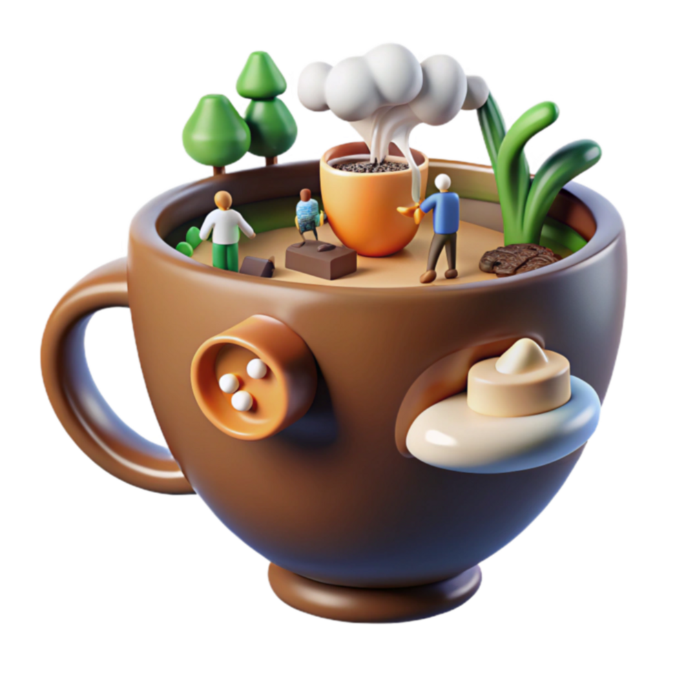 Miniature World Inside a Coffee Cup 3D Render png