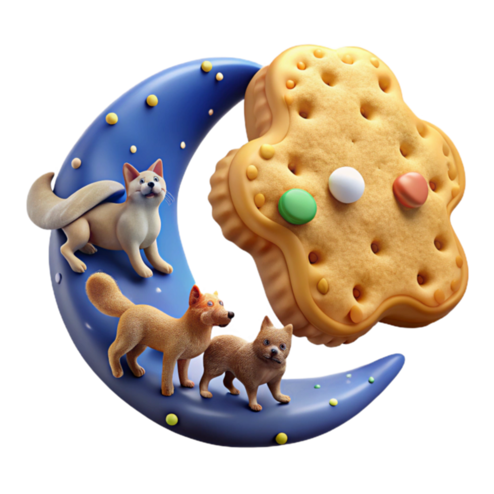 Sweet Dreams 3D Render of Dogs and Moon Cookie png