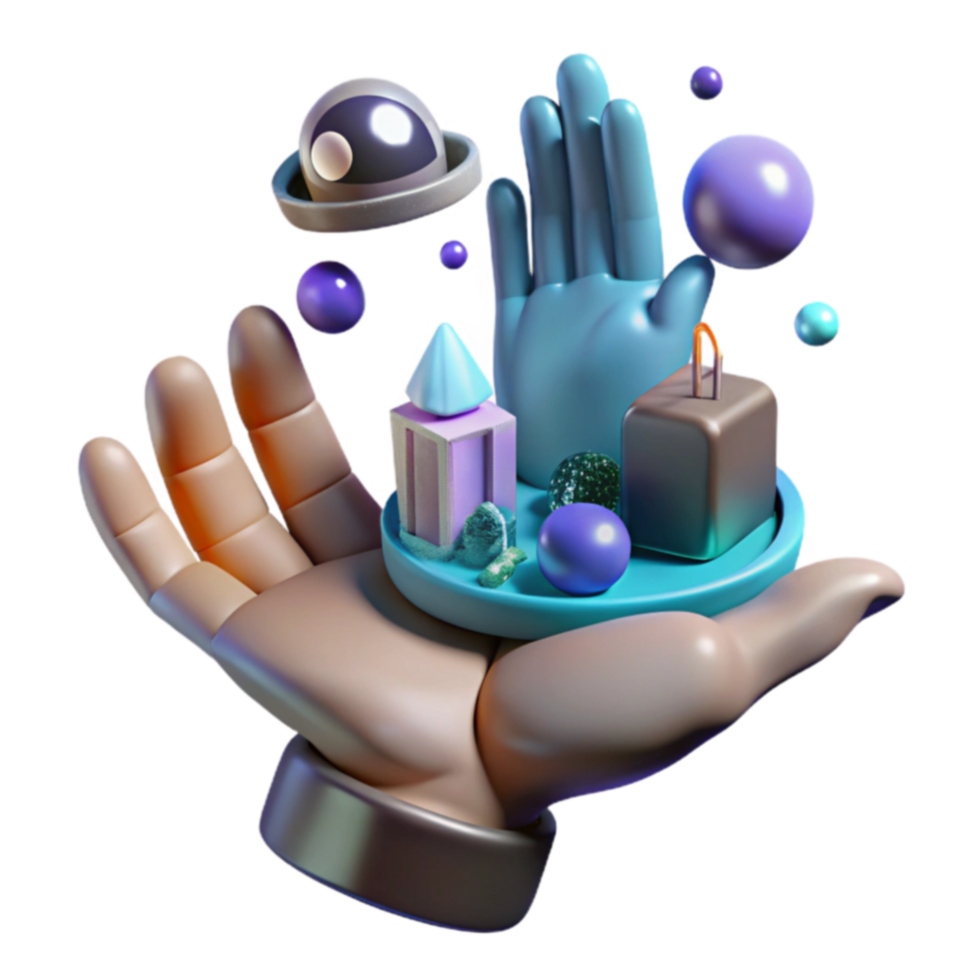 3D Render Hand Holding Colorful Abstract Objects png