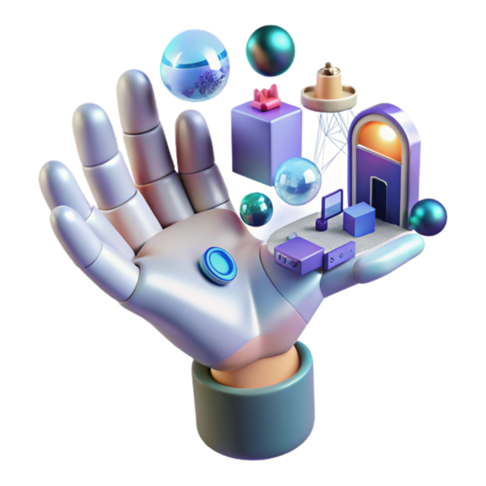 3D Render Robotic Hand Holding Metaverse Objects png