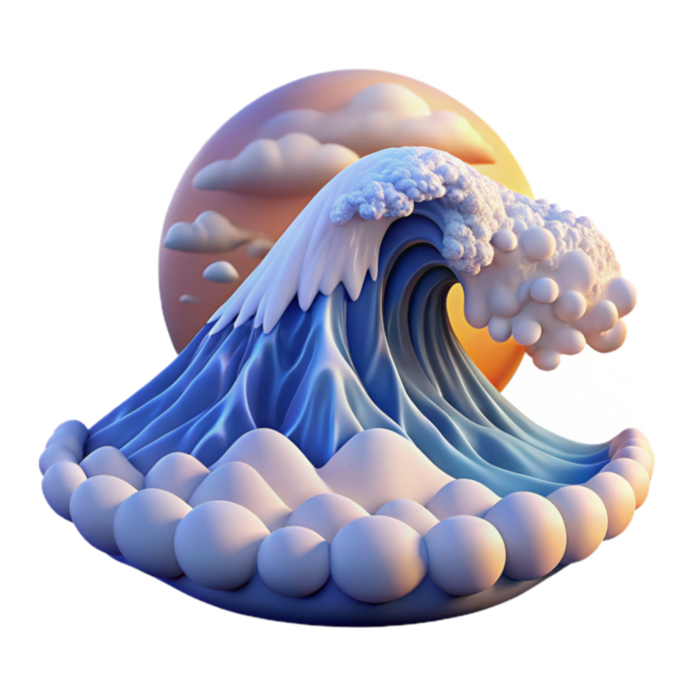 Stylized 3D Wave Art Ocean, Clouds, Sunset, Blue, Abstract png