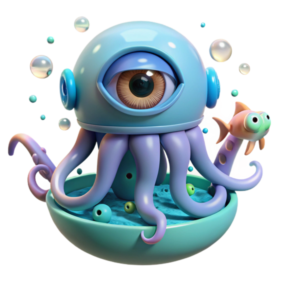 One-Eyed Octopus in a Bowl 3D Render png