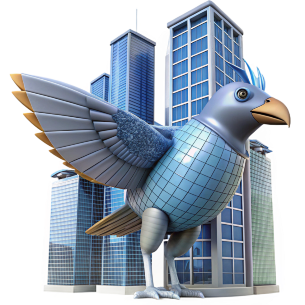 Mechanical Bird Soaring Over Cityscape png