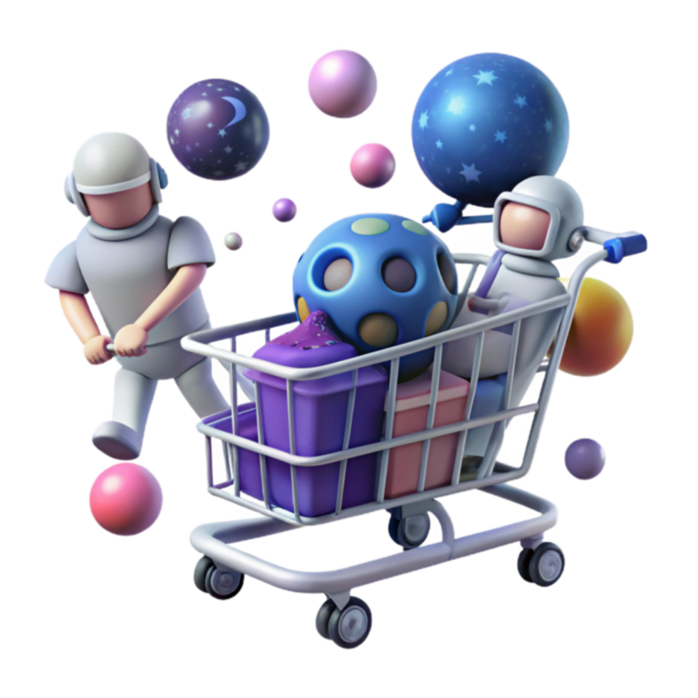Astronauts Shopping for Planets A 3D Render png