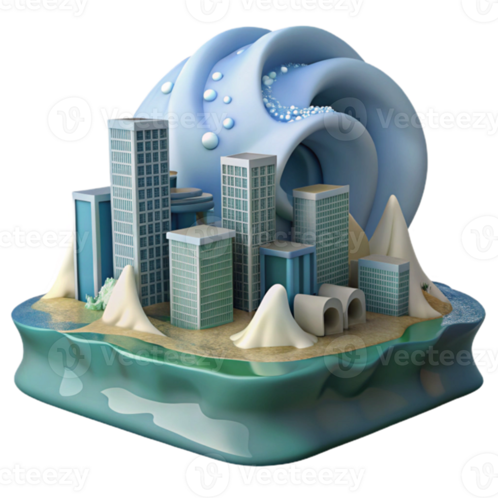Coastal City Under Wave Threat A 3D Model png
