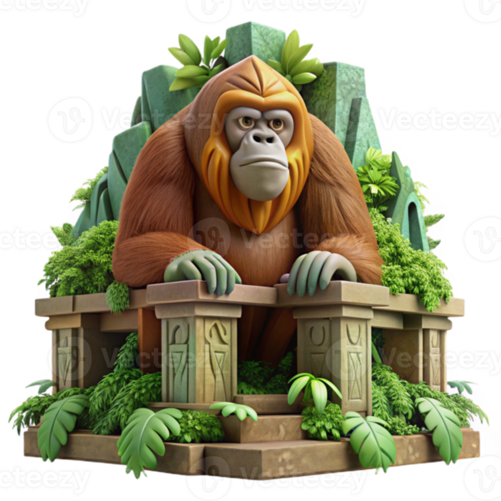 Orangutan Jungle Throne 3D Render of Primate on Ancient Ruins png