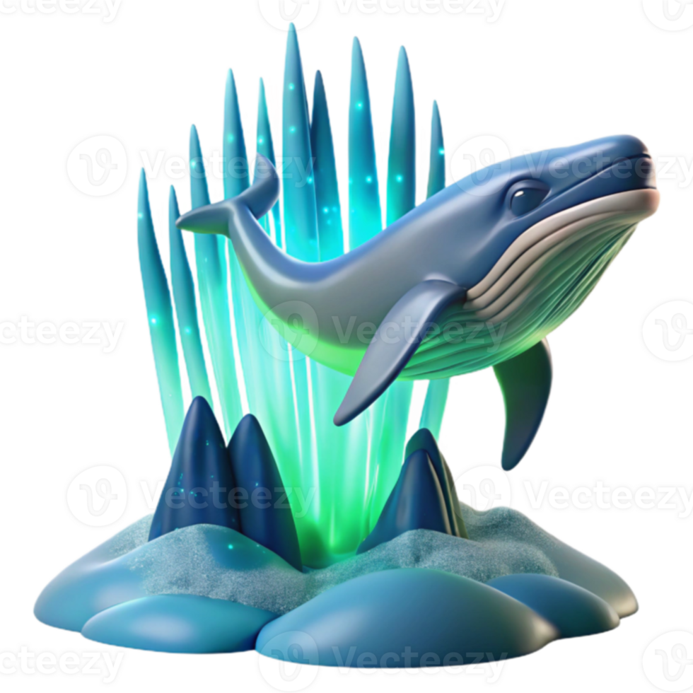 Whale Ocean Scene 3D Render of Whale in Glowing Underwater Plants png