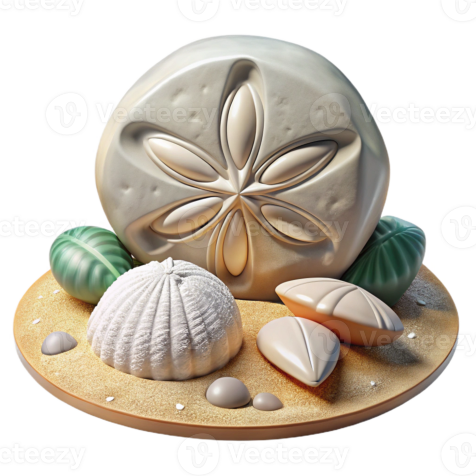 Seashell Display Sand Dollar, Sea Urchin, and Seashells on Sandy Base png