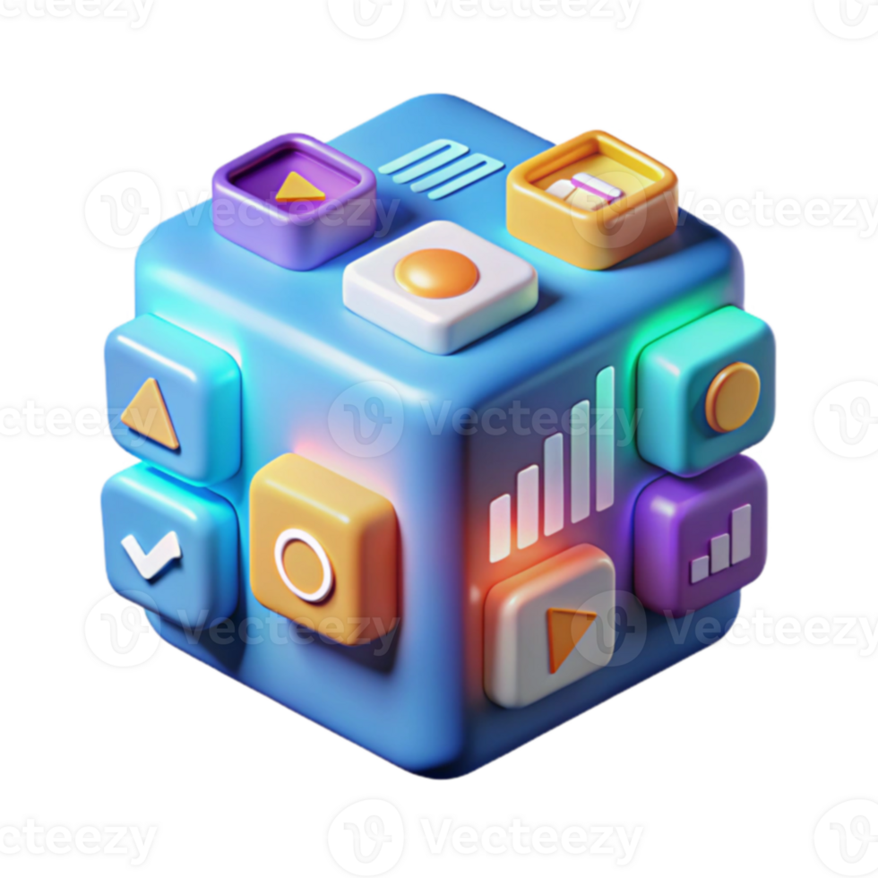 interactivo 3d cubo multimedia, datos aplicación función íconos png