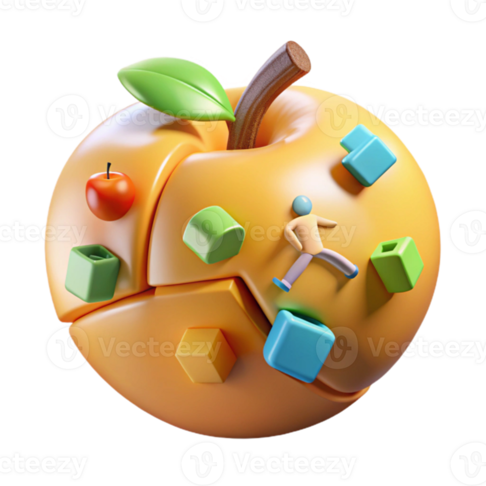 Abstract 3D Render Figurine on a Fractured Apple with Geometric Shapes png