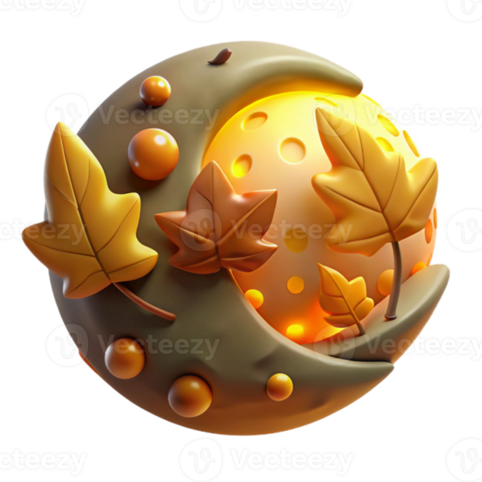 Autumn Moon 3D Render of Crescent Moon with Leaves png