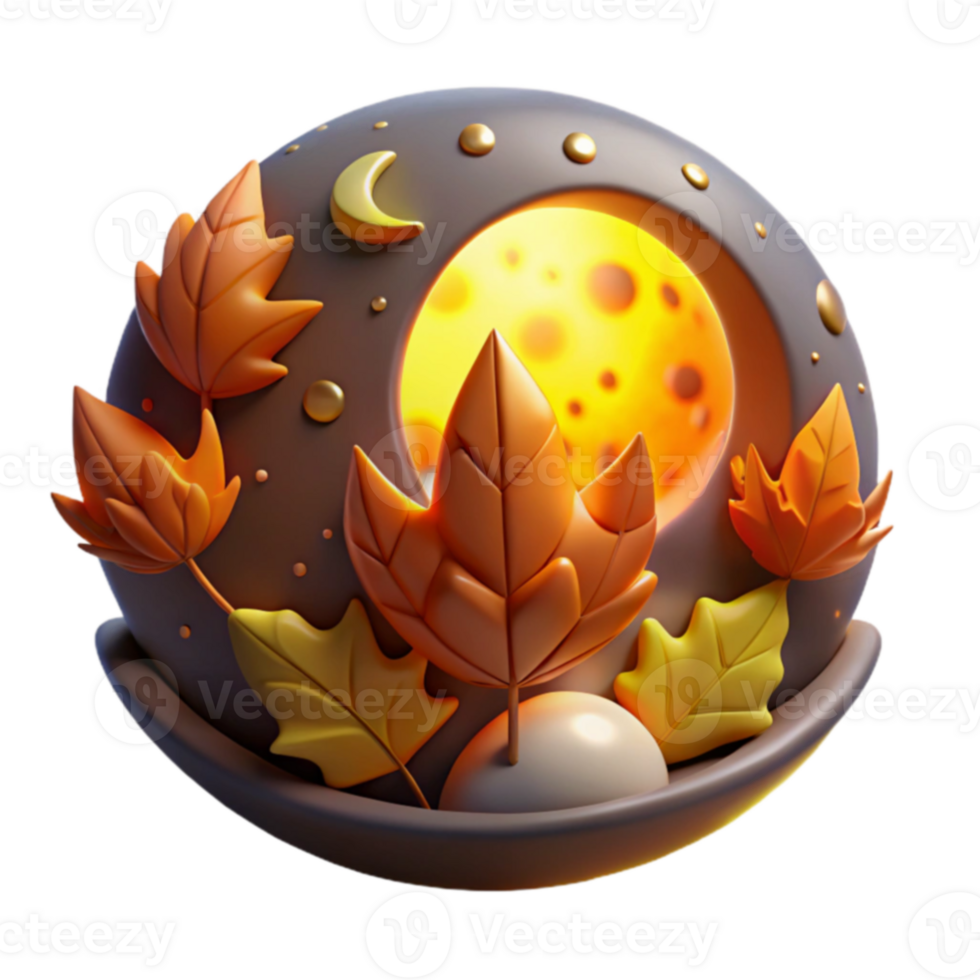 Autumn Moon Night 3D Render of Fall Leaves png