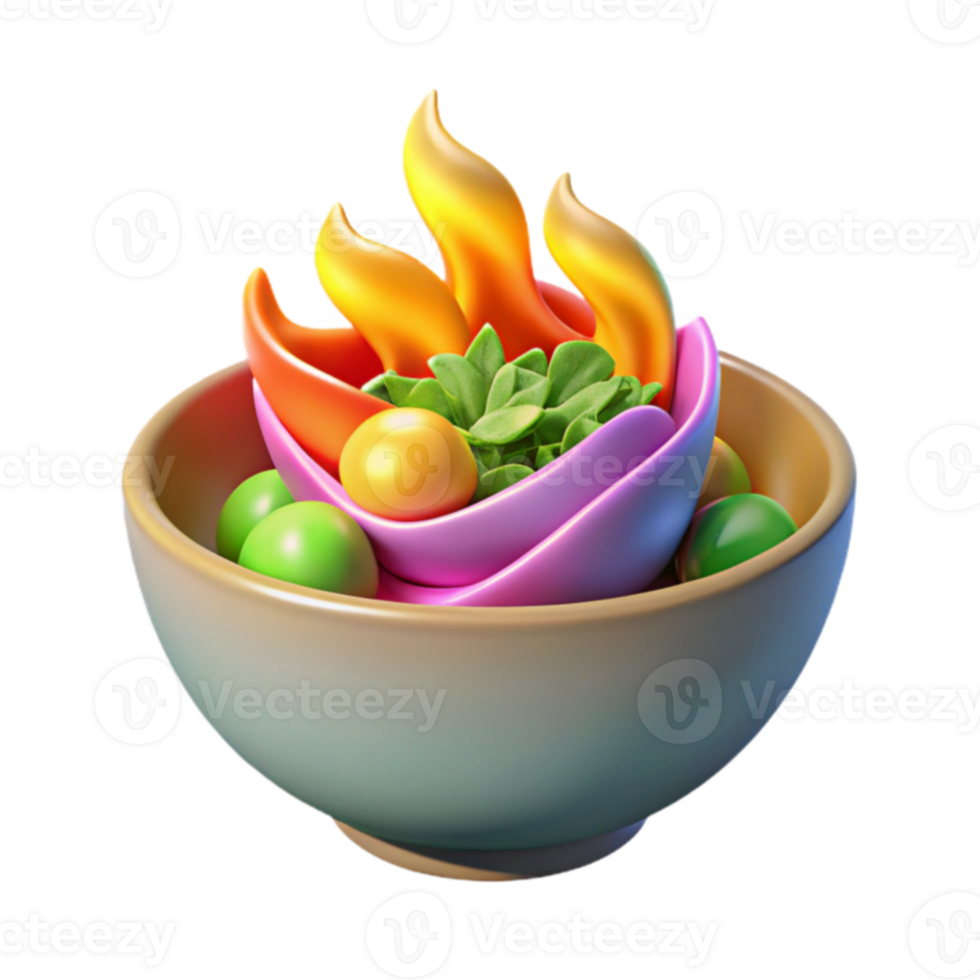 Vibrant 3D Render Colorful Food Bowl with Flame Design png