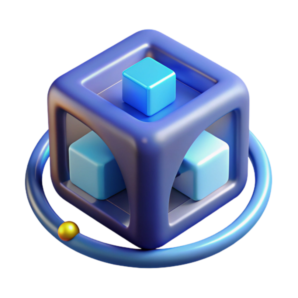3D Abstract Cube with Orbiting Sphere Blue Geometric Design png