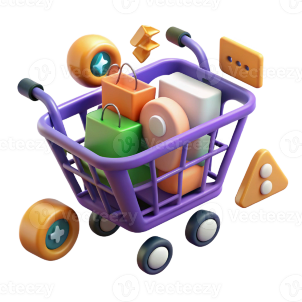 Online Shopping Cart E-commerce, Retail, Digital Purchases, Shopping Bags, Virtual Cart, Product Icons, 3D Render, Shopping Experience, Customer Experience, Online Retail png