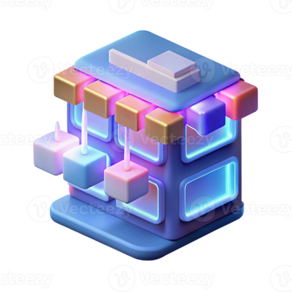 Neon Glowing Store 3D Model of Retail Building png