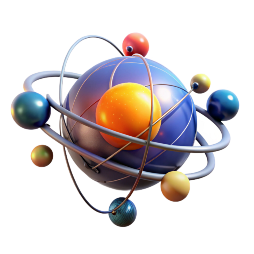 Colorful Atomic Model 3D Sphere with Orbiting Particles png