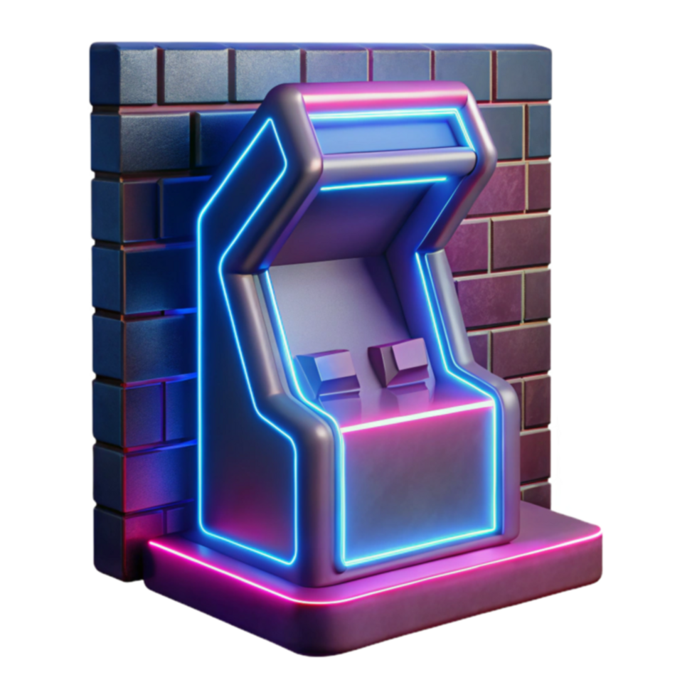 Retro Arcade Game Machine Neon Lights Brick Wall png